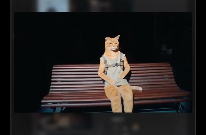 千鹿AI画布角色替换后的拟人橘猫长椅预览
