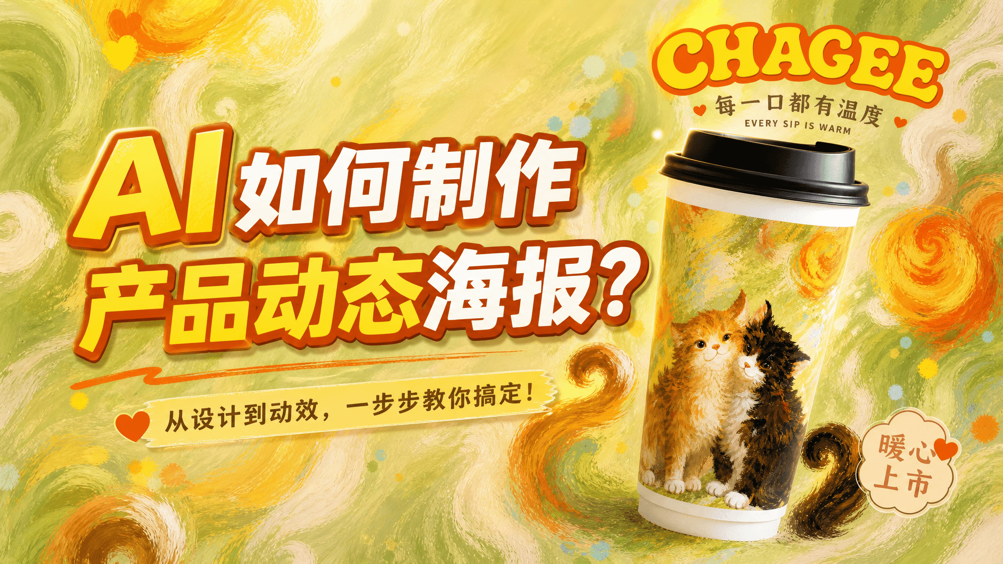 AI如何制作产品动态海报?5秒合成猫咪茶饮杯