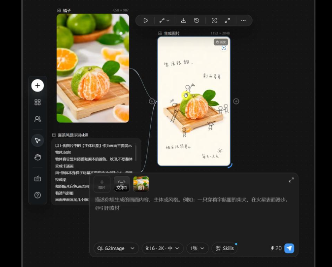 橘子实拍主体与简笔小人组成的竖版海报