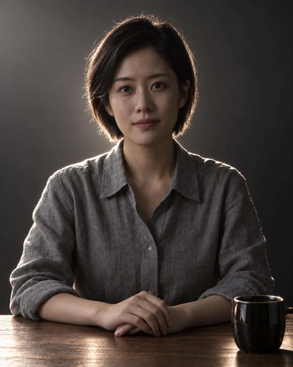 逆光 AI 创作样例：光在身后，脸较暗，发丝和肩缘亮起来
