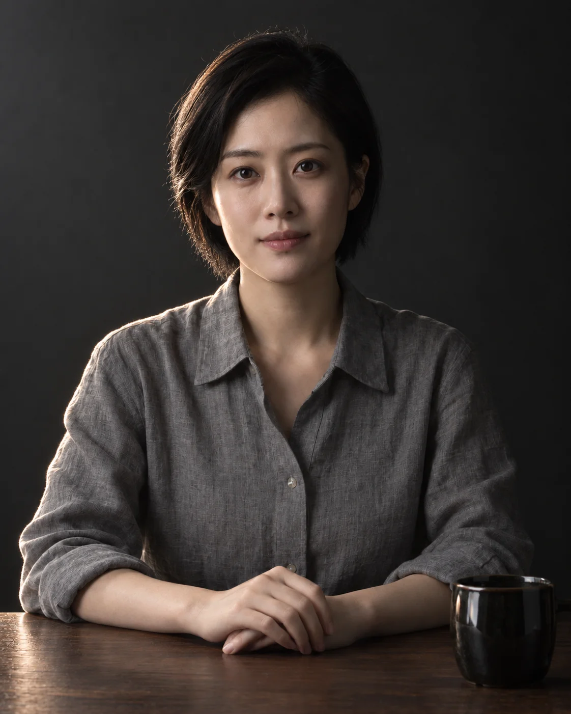 轮廓光 AI 创作样例：沿头发和肩膀留一条亮边，让人从暗背景中显出来