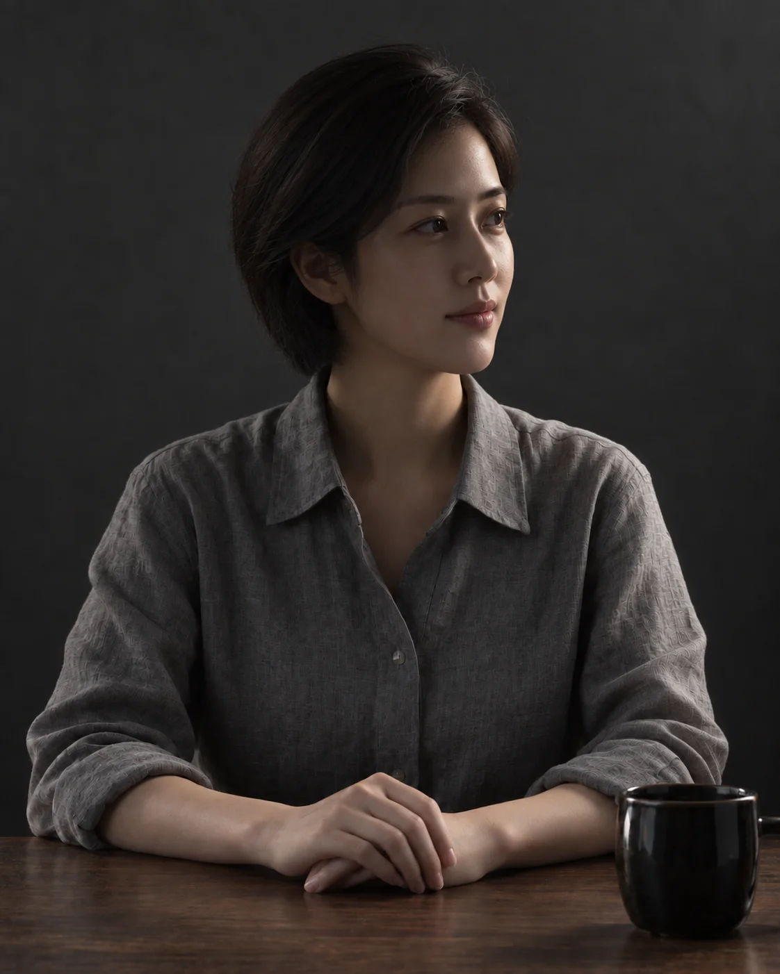窄光 AI 创作样例：人稍微侧过脸，面积较小的一侧被照亮