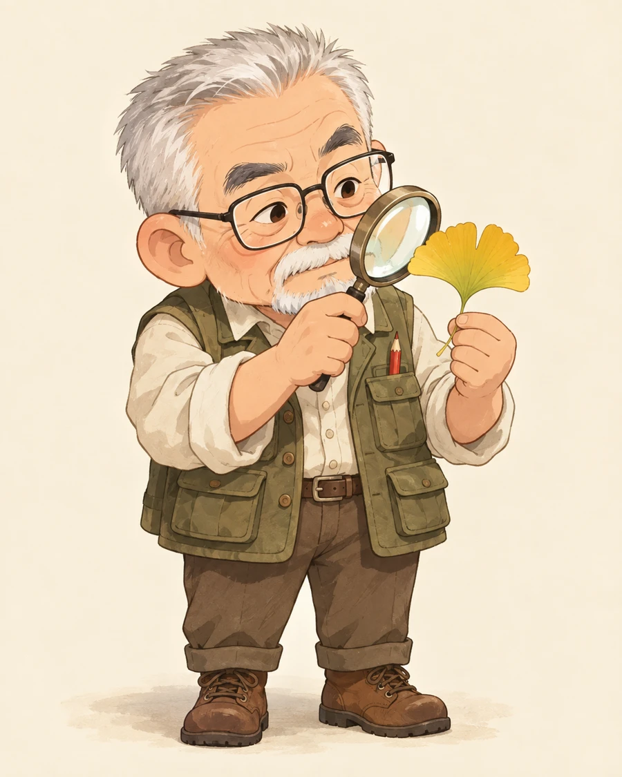 白发白胡须的眼镜老爷爷拿放大镜观察银杏叶，采用大头短身的 Q 版比例