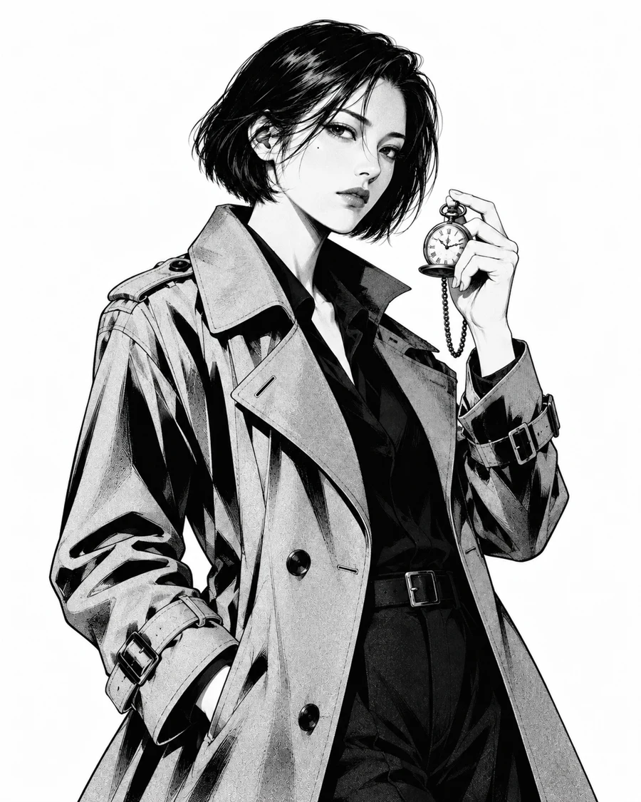 短发中国女性穿风衣举起小物件，黑白漫画用大片黑色与细线刻画脸部和衣褶