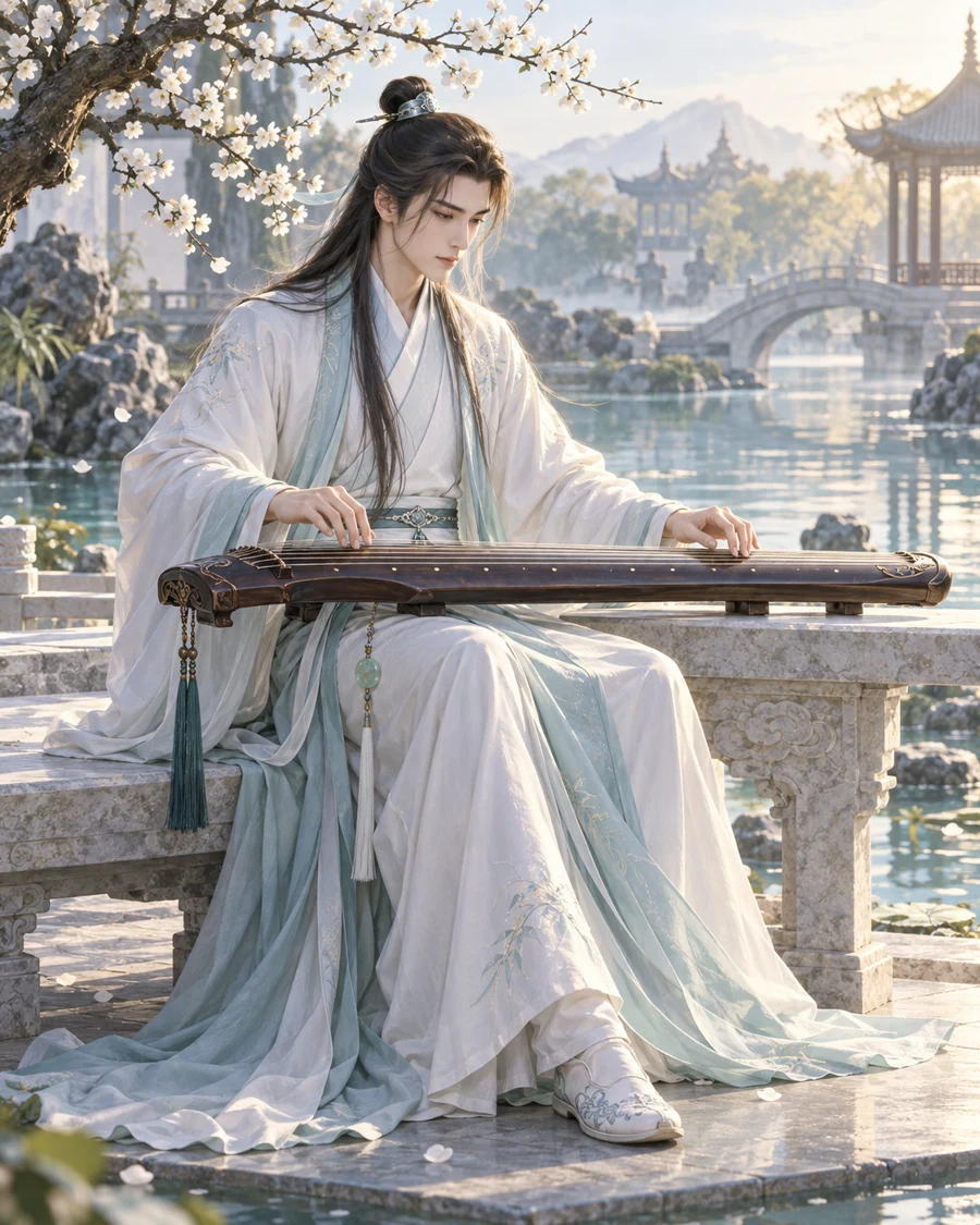 白蓝长袍的中国琴师坐在梅树旁抚琴，水边亭台与远山构成东方唯美 CG 场景