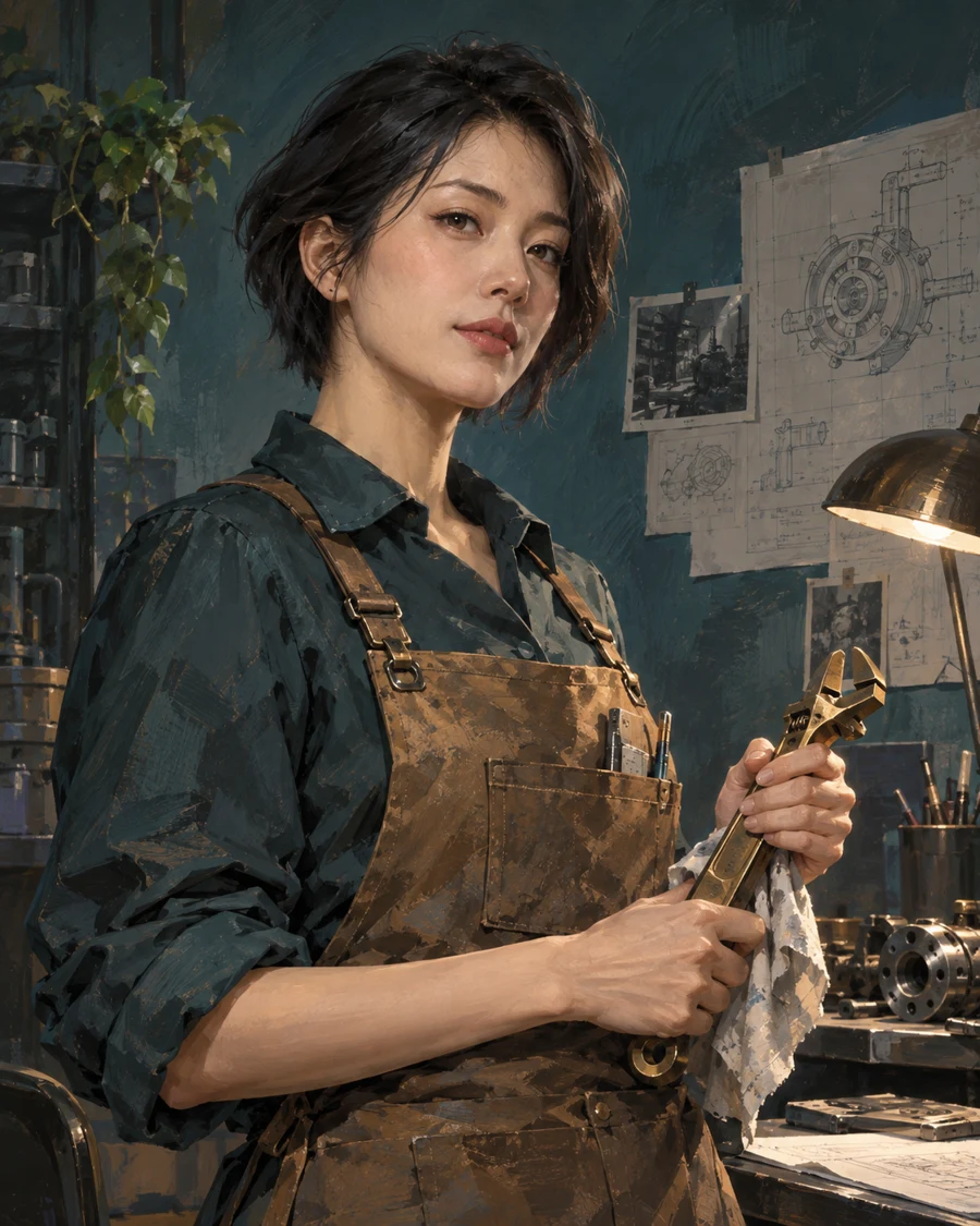 中国女性在工作台前整理小型金属物件，深色衬衣与棕围裙以绘画感三维呈现