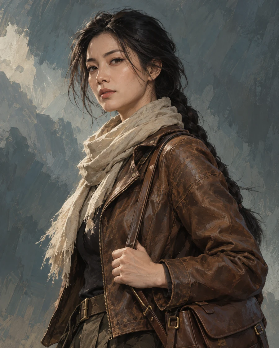 中国女性旅人穿棕色皮夹克与浅色围巾，肩背行囊，身后是灰蓝山谷的厚涂画面