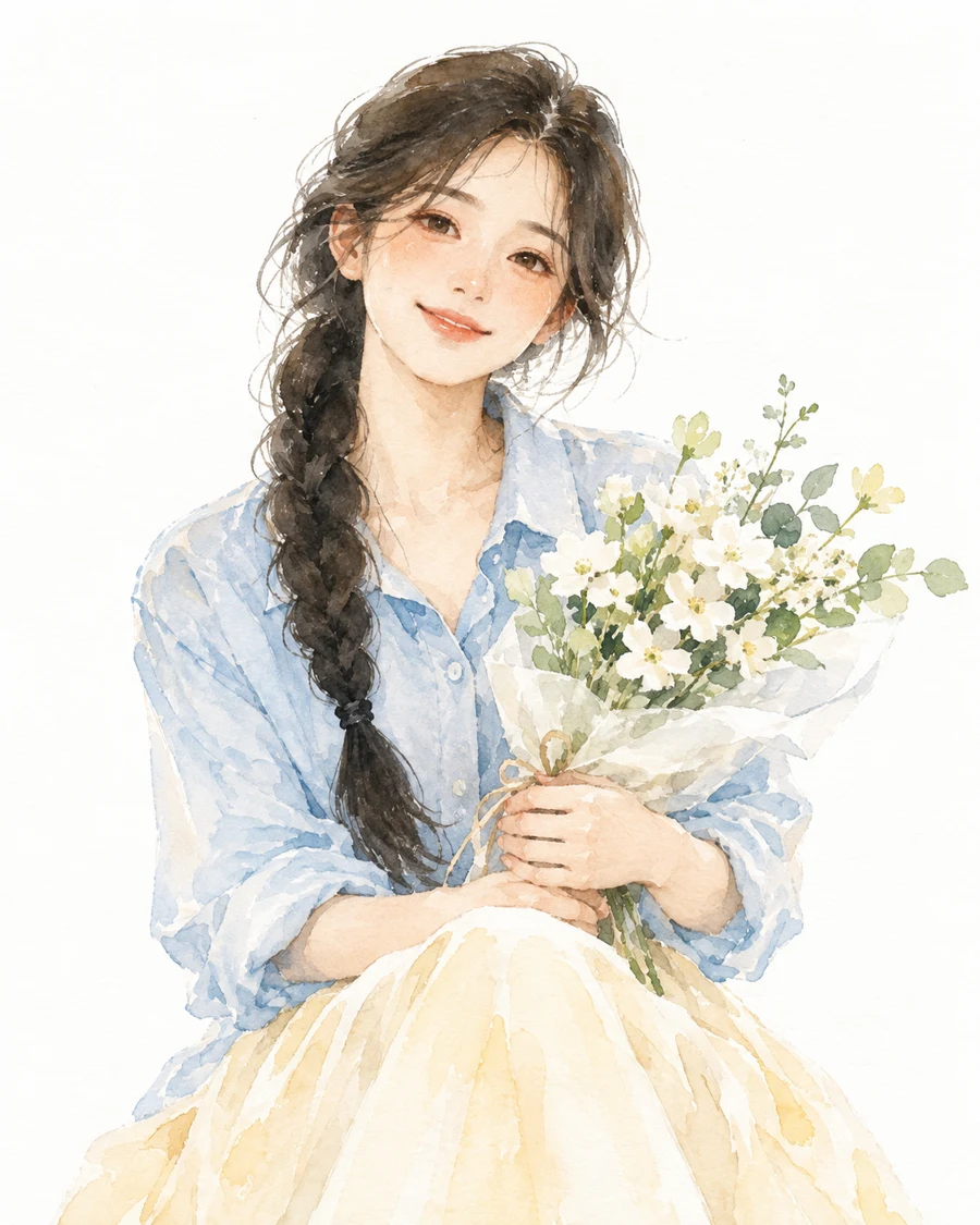 长辫中国女性穿蓝衬衣、浅黄长裙坐着抱白花，透明水彩与纸白表现衣裙