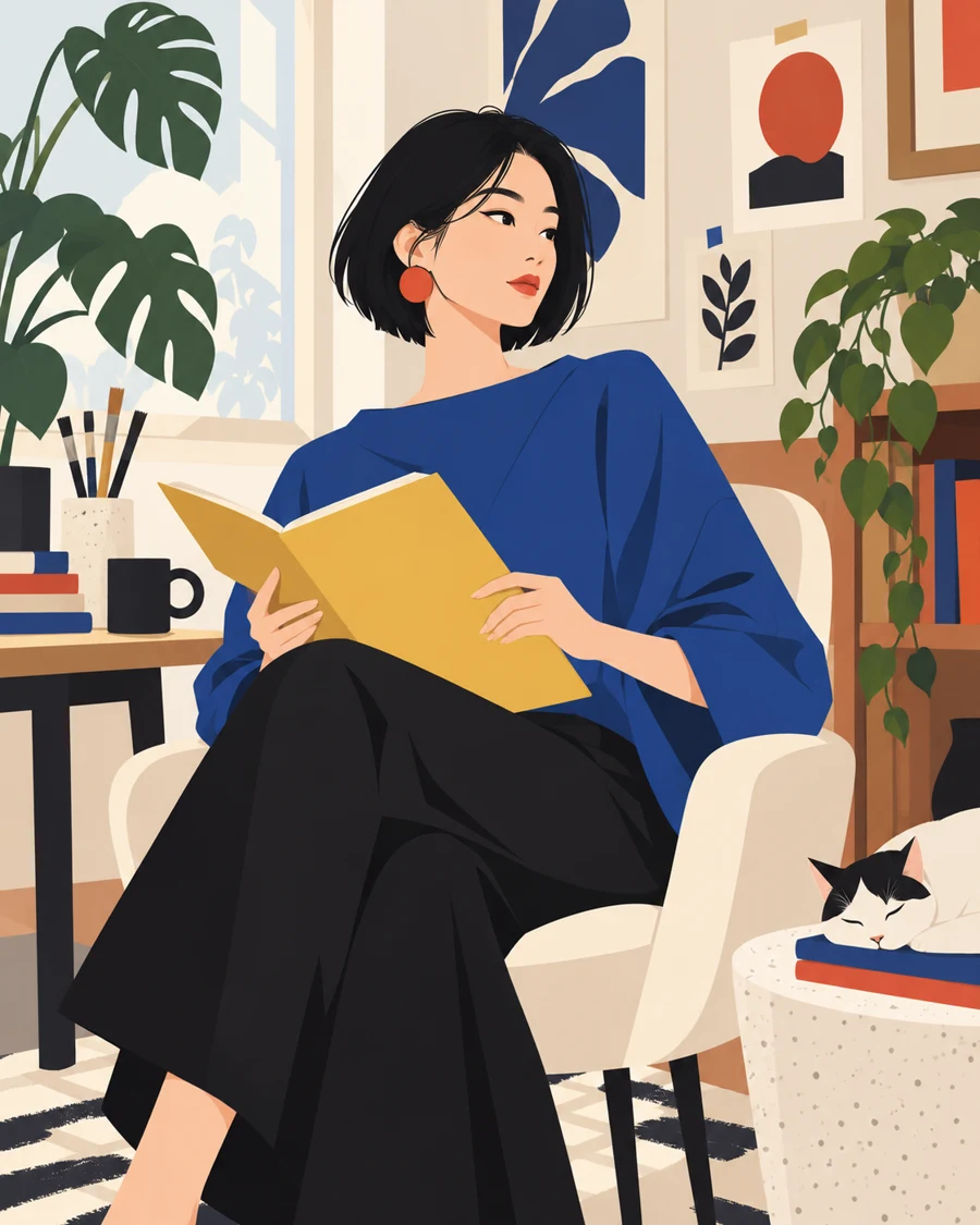 短发中国女性穿蓝色上衣坐在白椅上看黄书，植物与室内物件由平面色块组成