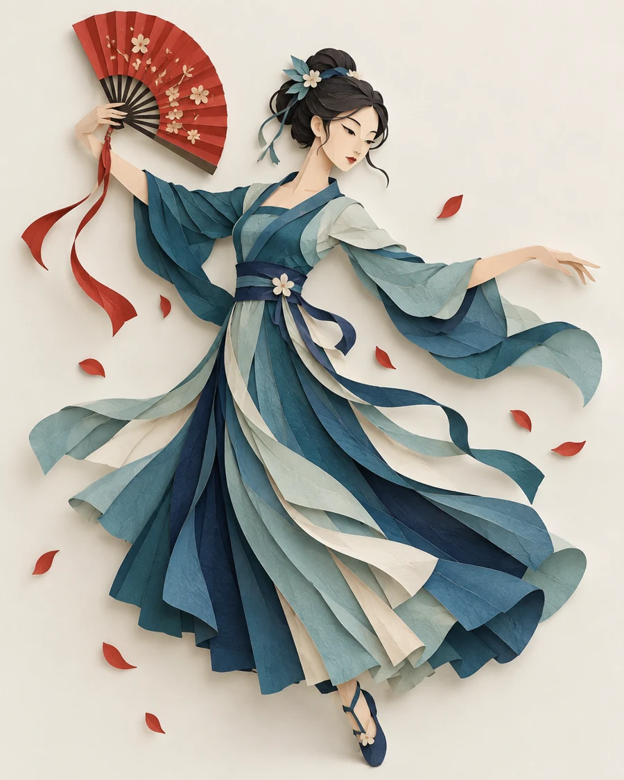 持红扇的中国古装女性由青蓝与米白纸层组成，展开的裙摆投下层叠阴影