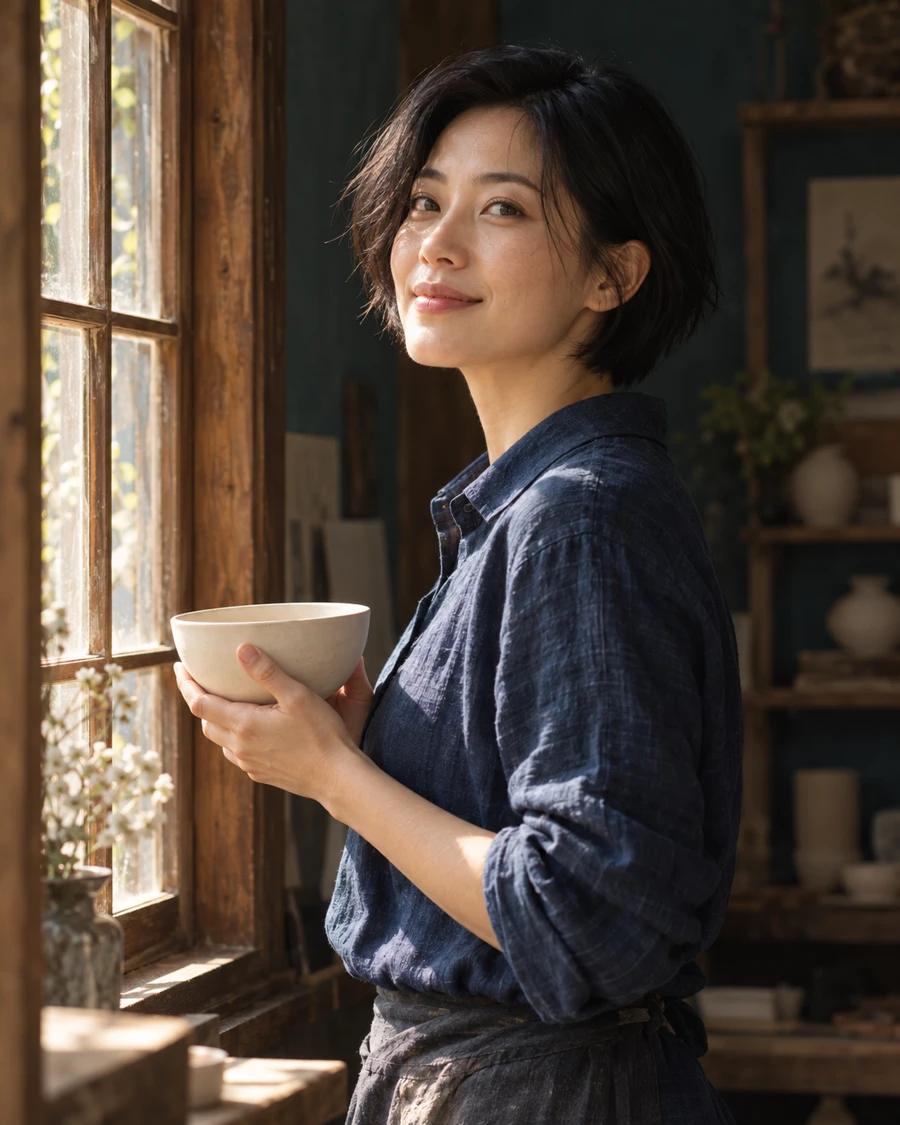 短发中国女性在木窗旁双手端着白瓷碗，穿靛蓝衬衫，暖窗光照亮脸与手