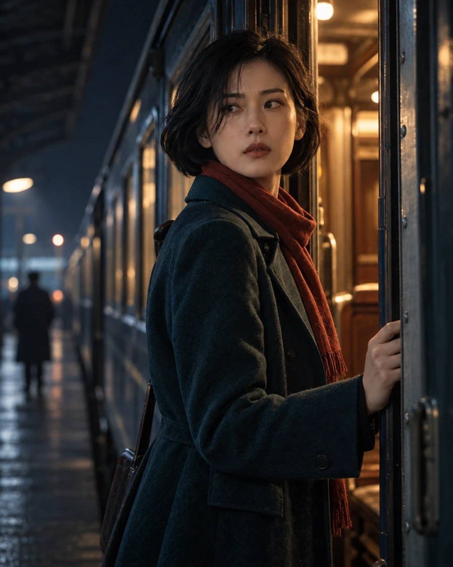 红围巾、墨绿外套的中国女性在夜间列车门边回望，车厢暖光映着冷蓝夜色