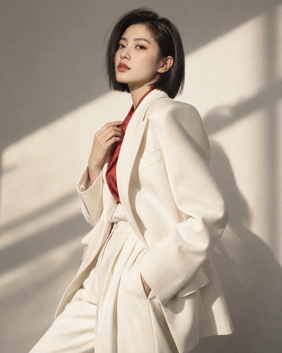 短发中国女性身穿白色西装站在浅色墙前，手扶衣领，斜向日光投下几何阴影