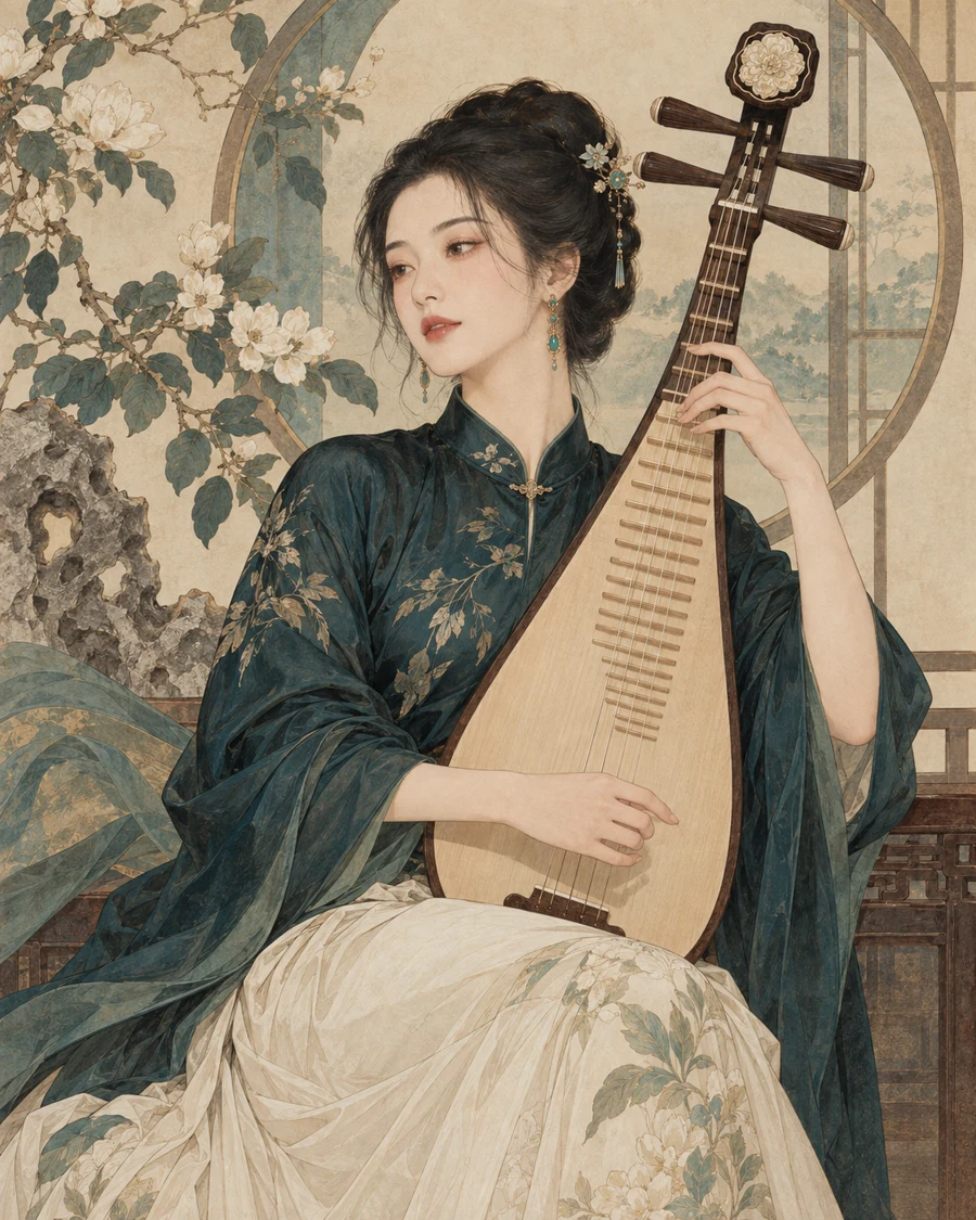 中国女性穿墨绿绣花上衣、浅色长裙怀抱琵琶，花叶与圆形窗景环绕身后