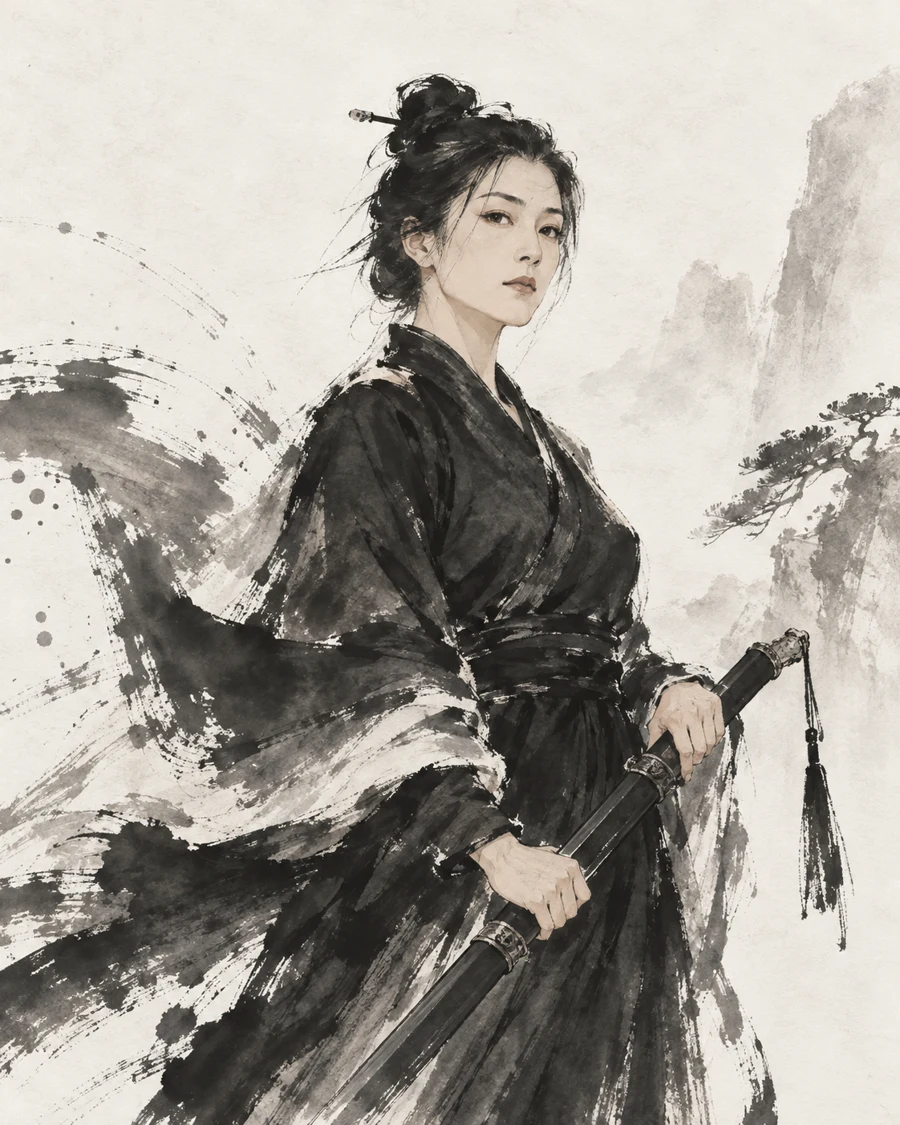 束发中国女剑客穿黑袍扶剑站立，墨色衣摆与远山在浅纸色背景中晕开