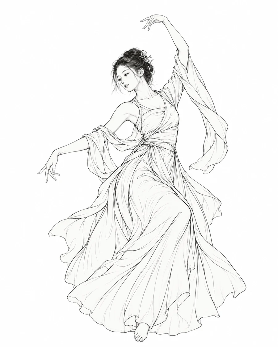 中国古装舞者抬臂旋身，长裙与披帛以黑色白描线条呈现在白底上