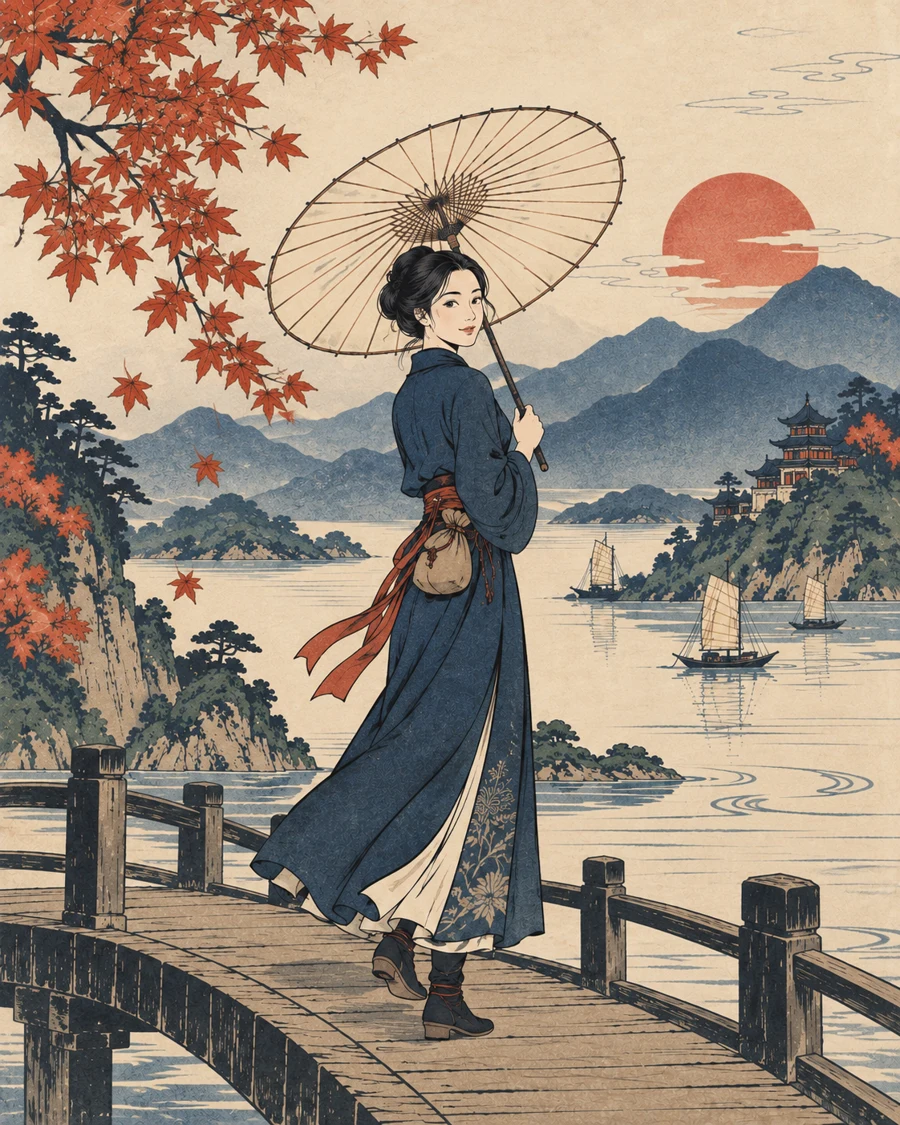 持油纸伞的中国女性在红枫下回望，远处可见湖面、山峦与落日的木版画景色