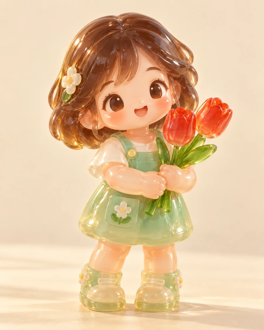 棕色短发的软糖女孩穿绿色花裙，双手捧红郁金香，半透明身体泛着暖光