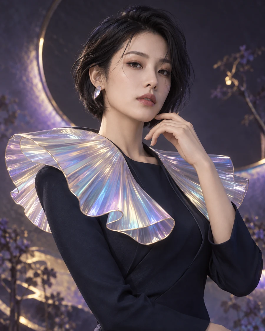 短发中国女性穿深蓝衣装，肩部展开虹彩薄膜领片，紫色月光映出冷色人像