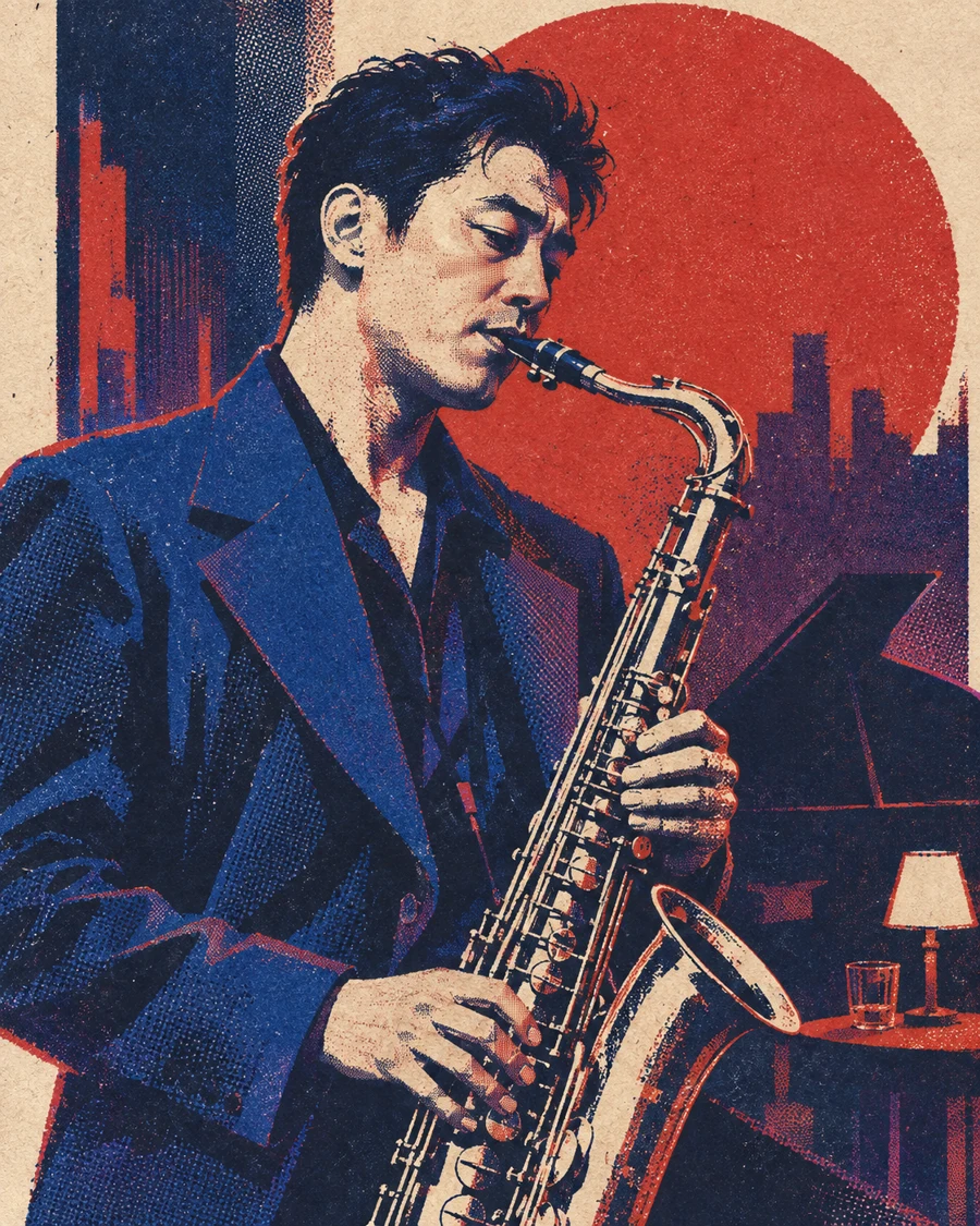 中国男性萨克斯手穿深蓝西装，在红色圆形与蓝紫城市背景前演奏的套色印刷图