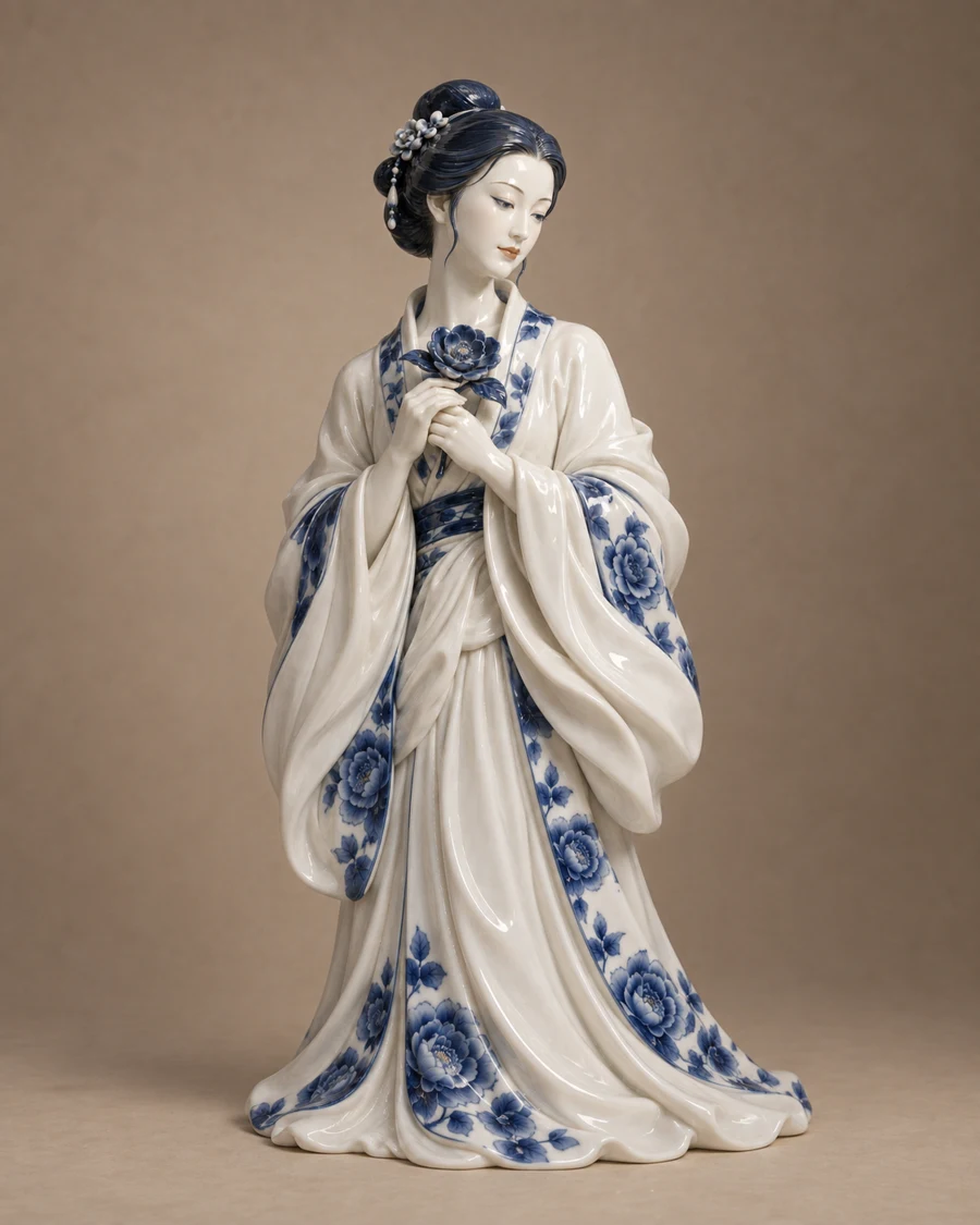 白釉青花中国女性陶瓷雕像穿长袍、低头持扇，蓝色花纹沿白色衣裙分布