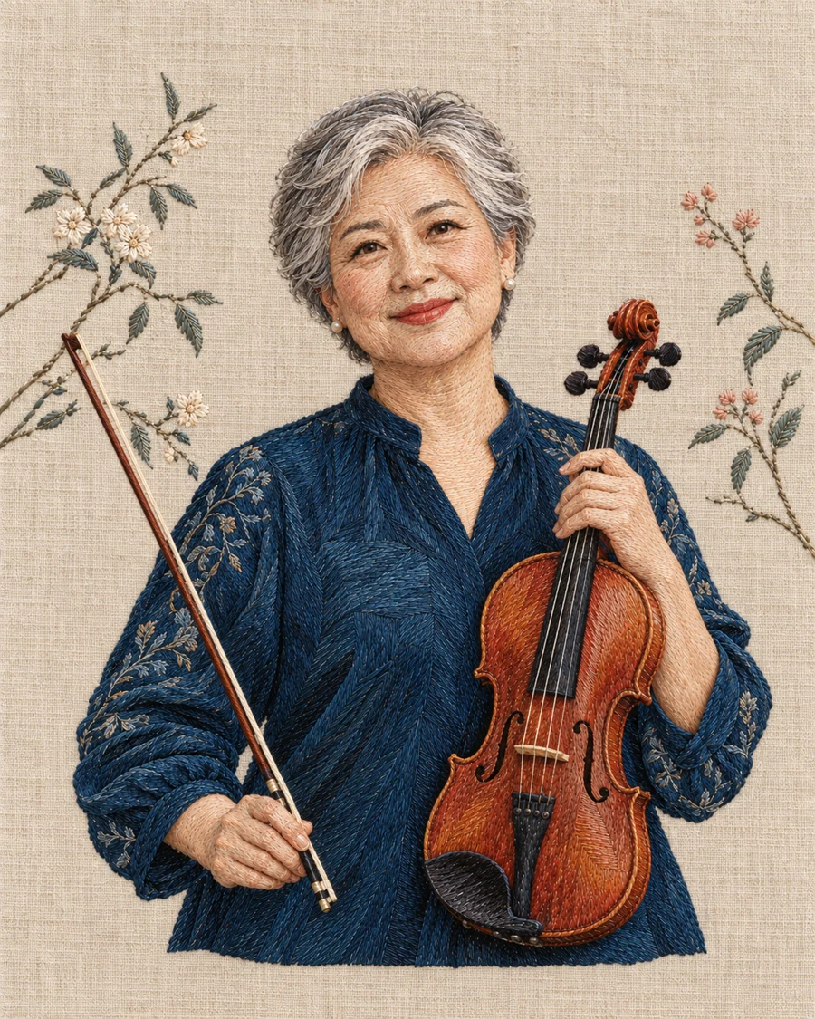 灰发中国女性穿蓝衬衣手持小提琴与琴弓，人物与花枝由布面刺绣表现