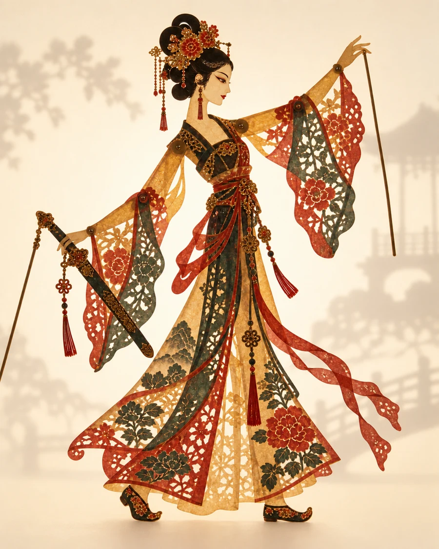 镂花皮影女性展开长袖，红绿服饰透出暖光，关节与操纵杆清晰可见