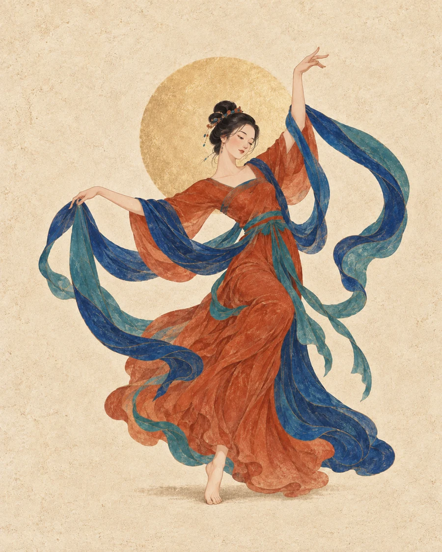 朱红裙中国舞者扬起蓝色长披帛，金色圆盘与米色矿物肌理构成壁画式背景