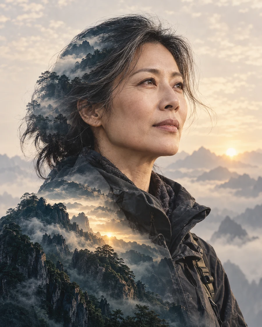 灰发中国女性侧望远方，头发与肩部叠入云雾山林和日出光线的双重曝光人像