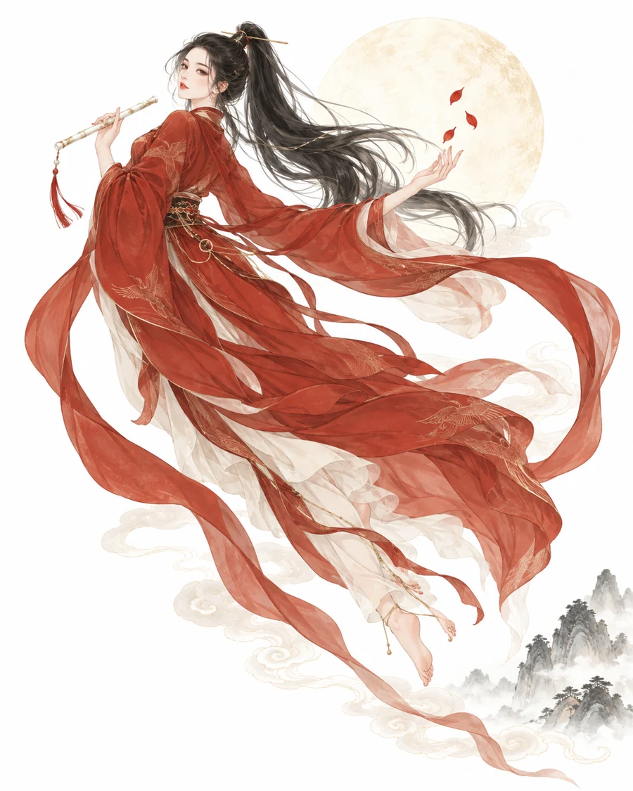 朱砂红衣中国女仙横笛游云，黑发与飘带映衬浅色月轮
