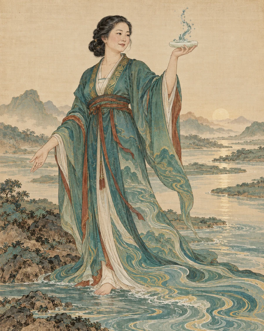 青绿工笔河流守护者抬掌托起水流，长衣纹样与身后的江河山水相连