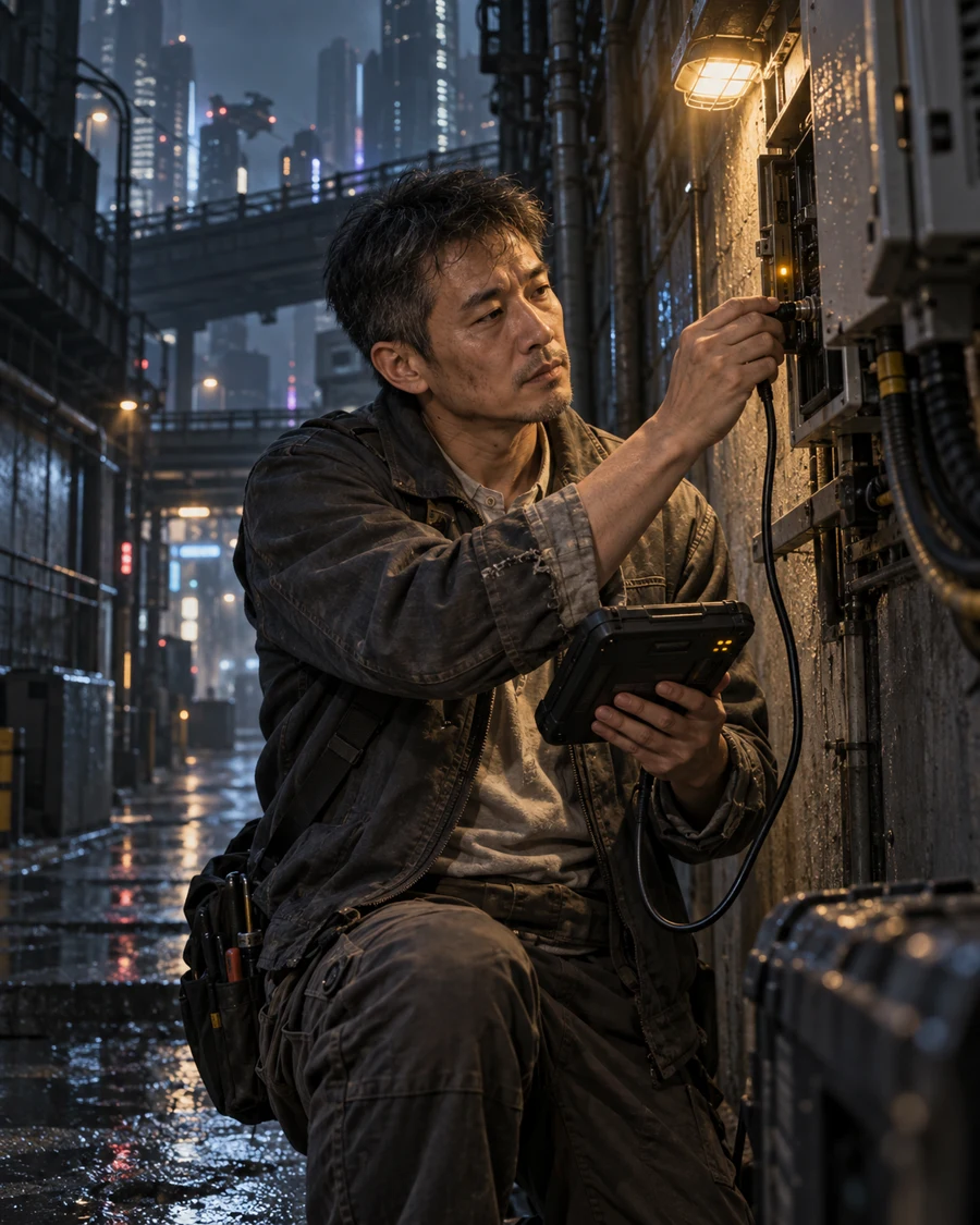 中国中年维修师在赛博城市雨夜检修设备，一手操作工具、一手持发光终端