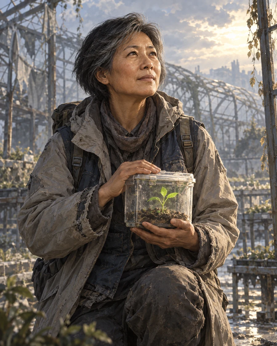 灰发中国女性坐在废弃温室中，双手护着装有绿色幼苗的透明盒子