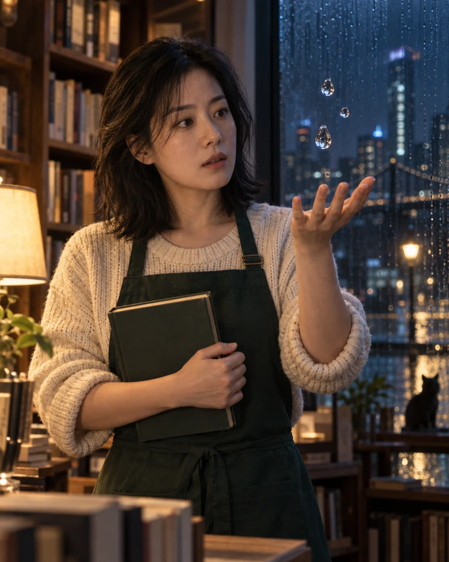 中国女性在暖色书店里抱着书凝望掌心悬浮水滴，窗外是蓝色都市夜景