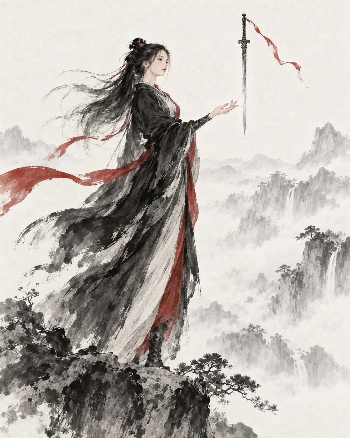中国女剑客立于墨色山石，朱砂衣带随风展开，长剑悬于掌前