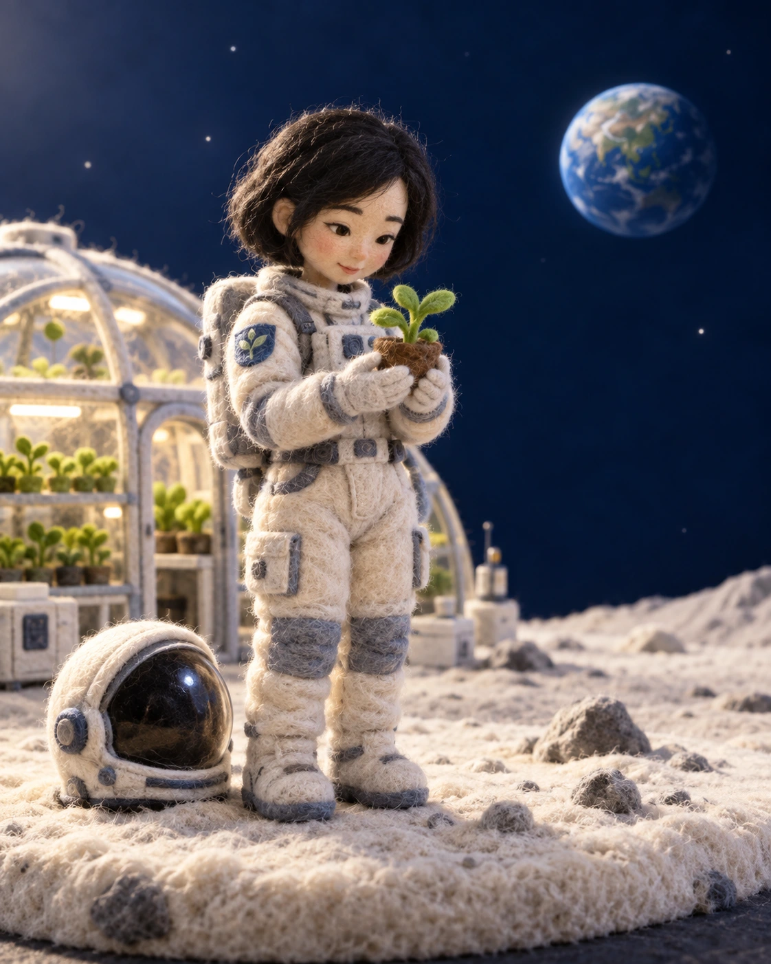 针毡太空人物局部：脸、头发、手套与服装均呈现羊毛纤维