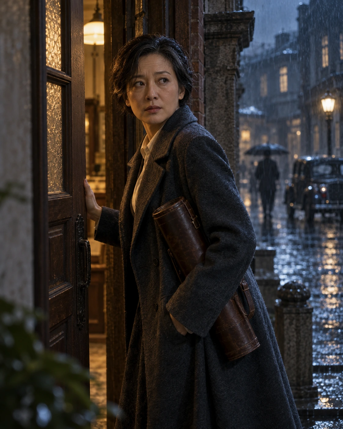 近代东方雨夜里，一位成熟中国女性夹着图纸筒扶门回望，暖色门灯与冷蓝街景分开空间