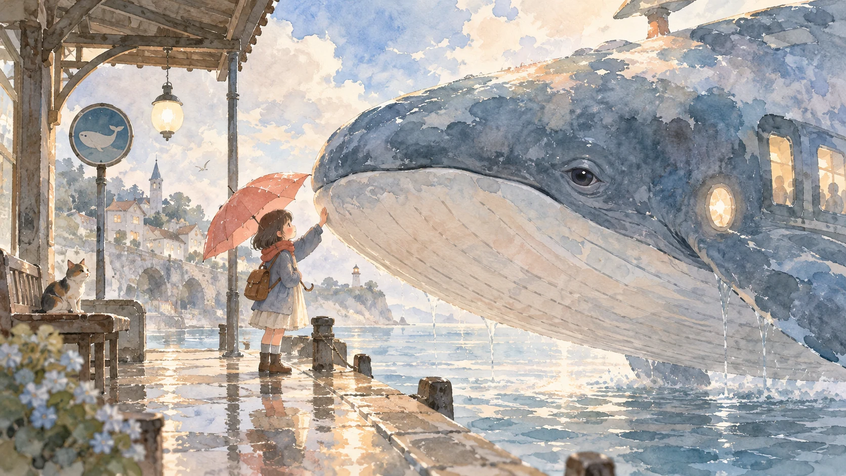 水彩绘本风:鲸鱼巴士·雨伞站台