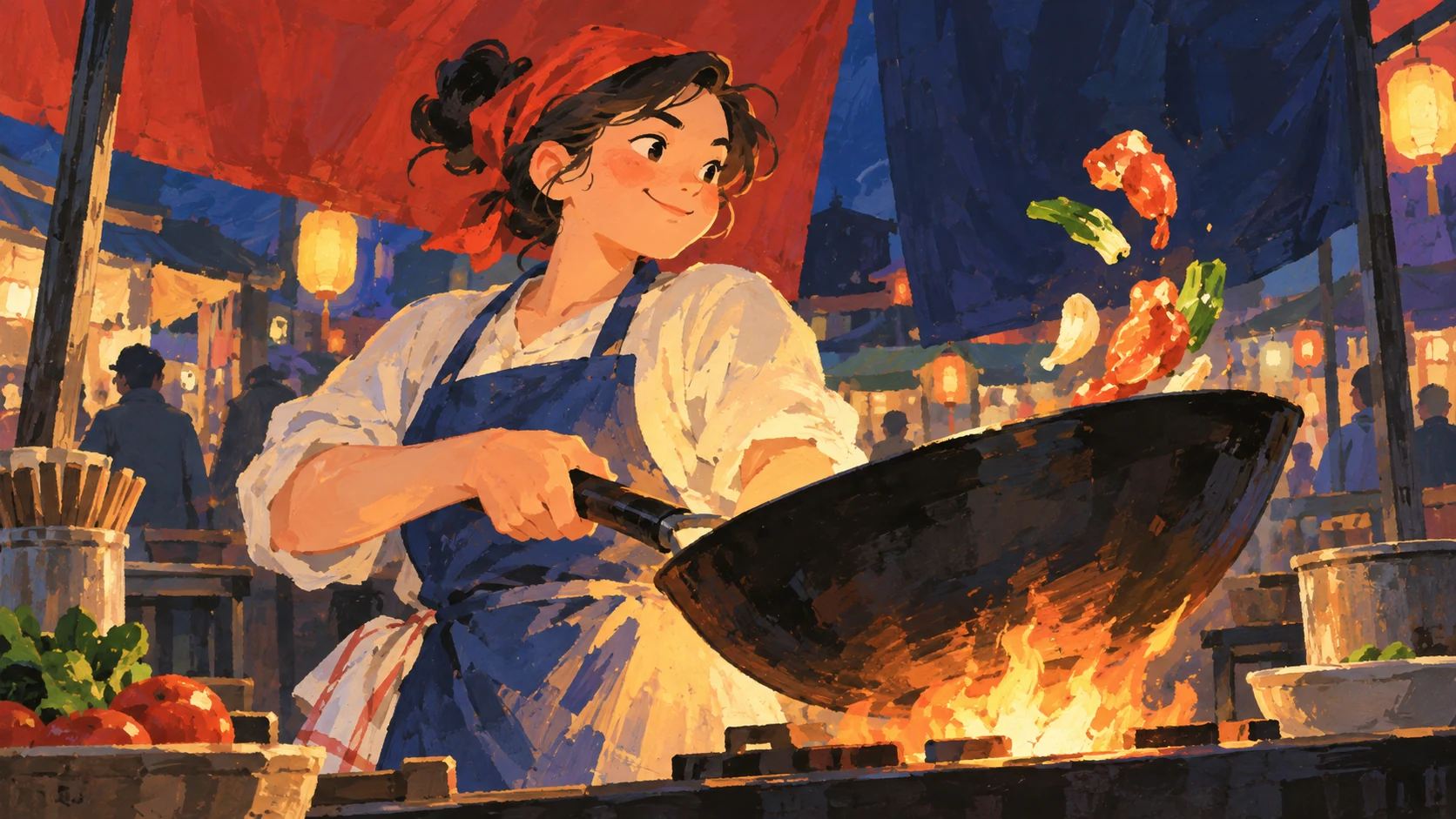 水粉绘本风:夜市厨娘·颠起火候