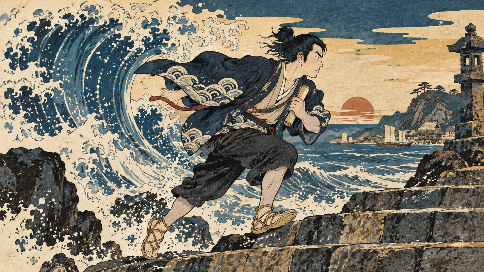 浮世绘木版风:浪头送信