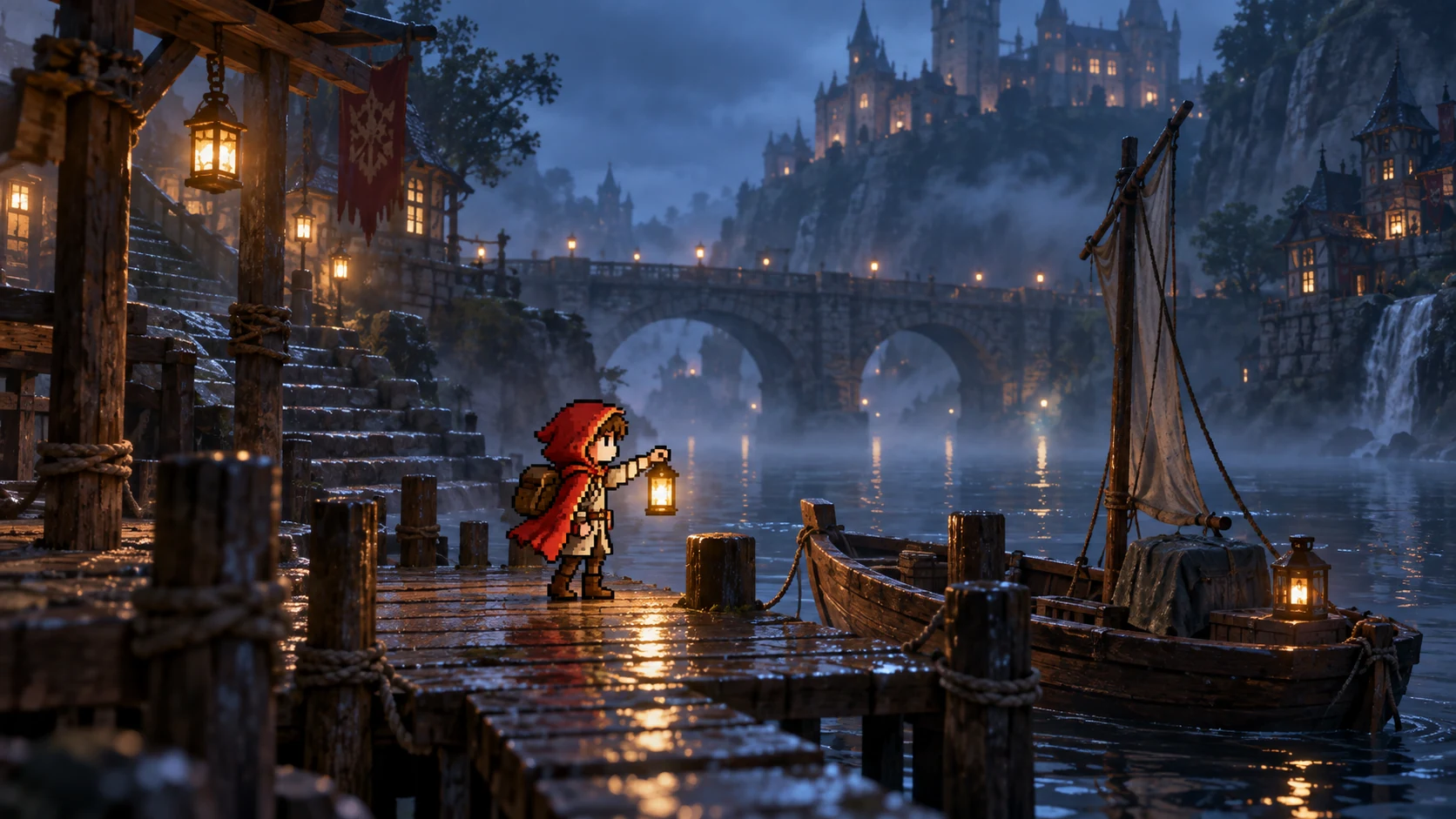 像素角色与立体场景:像素旅人的渡口