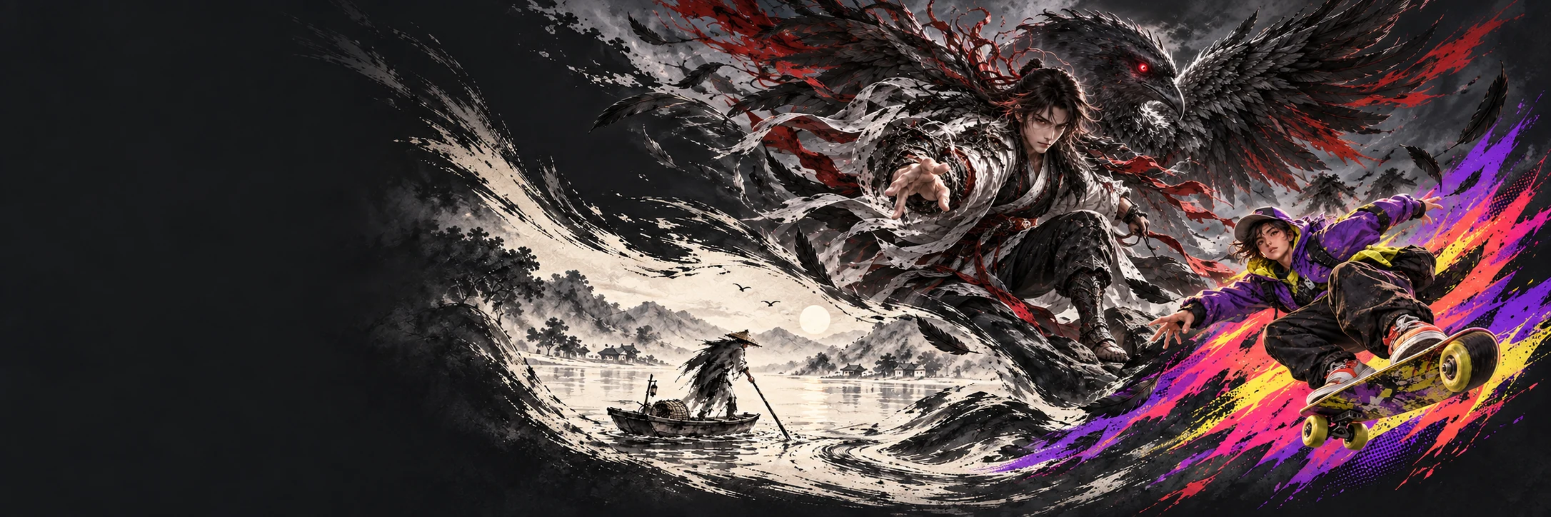 三种画法融合主视觉:天狗 CG 的羽翼连接水墨舟行与彩色漫画人物